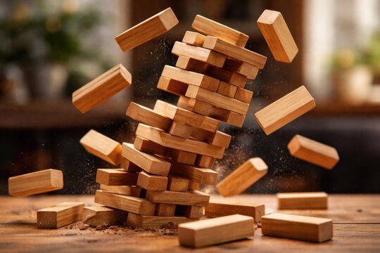 falling wooden jenga tower with out of focus background scene
