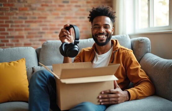 Young man happily receives headphones from an open package. He smiles sitting on a couch at home, enjoying new tech. Effortless online shopping experience is great.