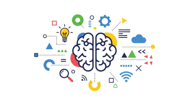 Brain, technology, innovation, icons, symbols, vector graphics, creative thinking, problem solving