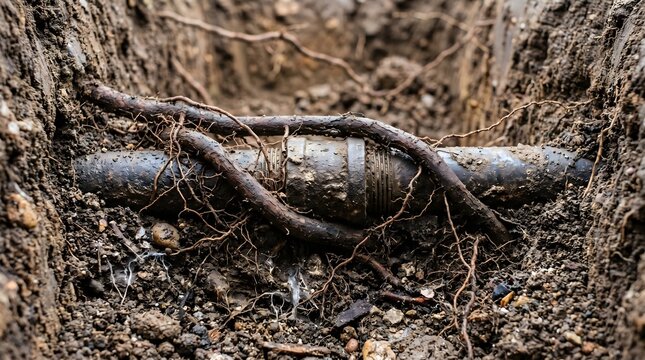 Damaged underground pipe with roots growing around it, indicative of a plumbing issue or water damage