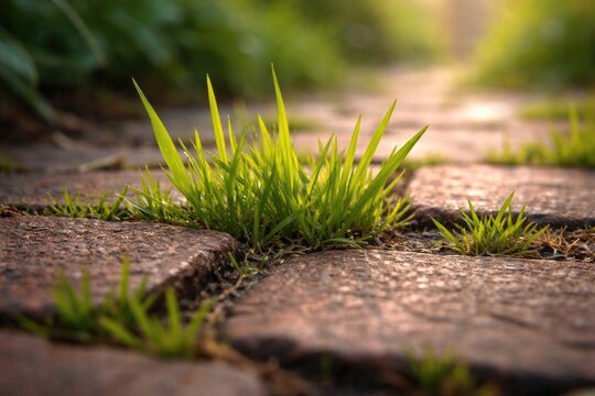 Detailed close up of green grass pushing through old brick pathway