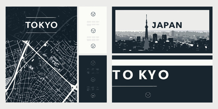 Tokyo and Japan cityscape design with maps and modern typography