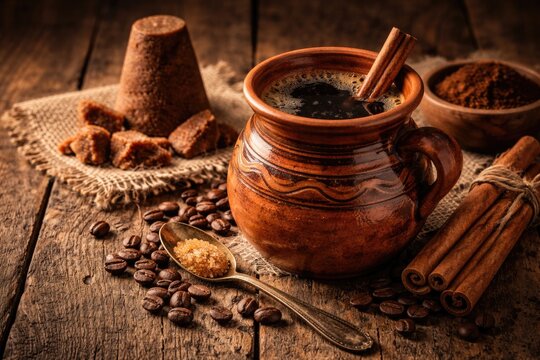 Rustic wooden table showcasing Mexican coffee infused with cinnamon and piloncillo in an artisan clay jarrito