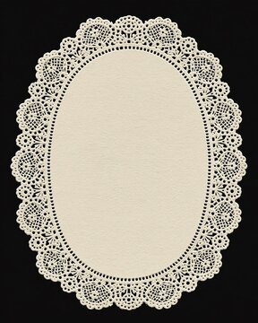 Vintage oval lace doily frame with blank textured paper center on black background. Elegant decorative border with copy space for invitations, greeting cards, menus, scrapbooking or branding.