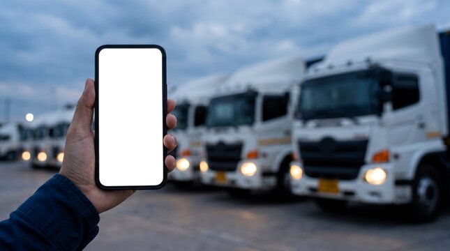 Hand holding a modern smartphone with a blank white screen, perfect for displaying logistics, transportation, or supply chain management apps.
