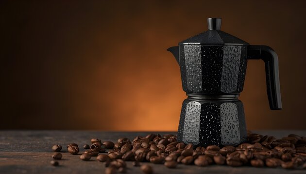 A black coffee maker sits on a wooden table surrounded by scattered coffee beans against a warm brown background