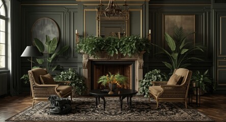 Obraz premium Welcoming sitting room boasting a classic fireplace and dense green plant arrangements