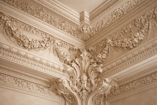 Classic ceiling cornice showcasing intricate plaster floral patterns and sophisticated ornate detailing