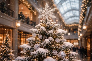 Fototapeta premium Snow covered pine tree top decorated with snowflakes inside a mall