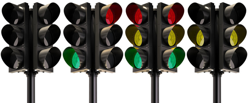 A set of dual traffic lights with different light signals. Mockup or template. 3D rendering.