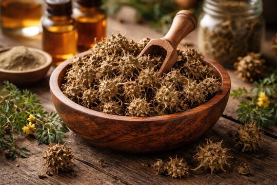 Natural wellness concept featuring dried Tribulus terrestris plants in a wooden bowl