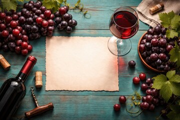 Fototapeta premium Inviting scene of red wine with grapes and paper on a turquoise wood surface perfect for copy space tasting invites