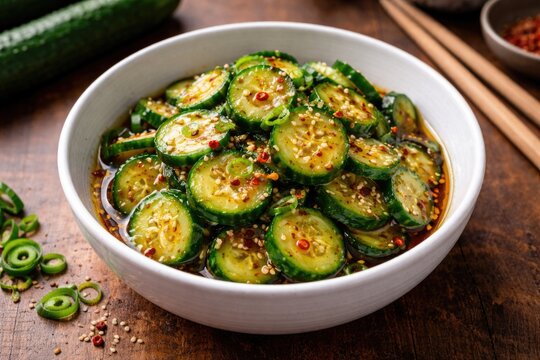 Traditional Japanese cucumber salad with spicy Asian dressing presented in a white bowl on natural wood