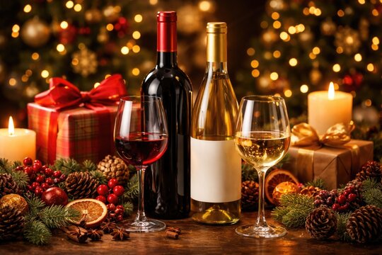 Seasonal red and white wine presents featuring festive decor for Christmas and Thanksgiving events