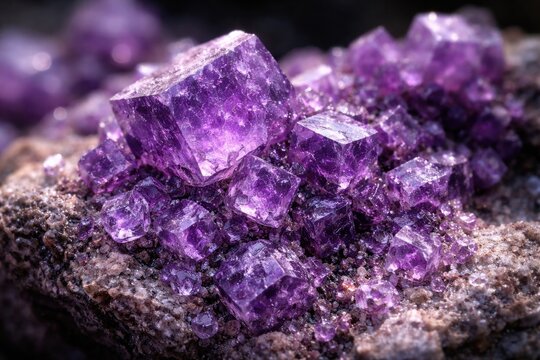 Close up of vivid purple lepidolite crystal clusters with prominent cubic shapes and sparkling facets on a natural surface