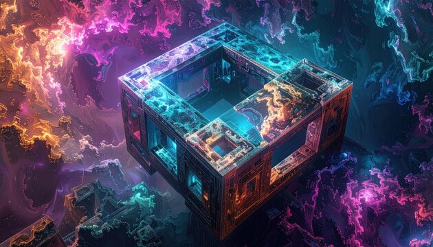 Interlocking geometric crystalline structures representing quantum bits in a vibrant cosmic nebula