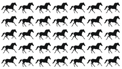 Fototapeta premium Horses silhouette set displays a repetitive pattern of galloping equines captured in a uniform running motion, providing a versatile resource for sports, equestrian branding, and creative design.