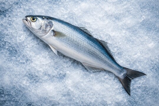 Blue Pomatomus saltatrix fish captured from above lying on icy surface with ample copy space