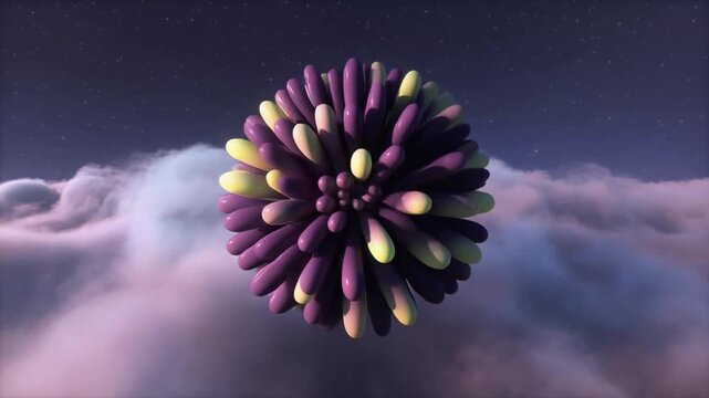 A vibrant, abstract, spherical shape of purple and yellow elements floats amidst clouds under starry night