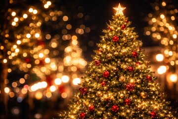 Fototapeta premium Festive Christmas tree lights glowing in nighttime bokeh background