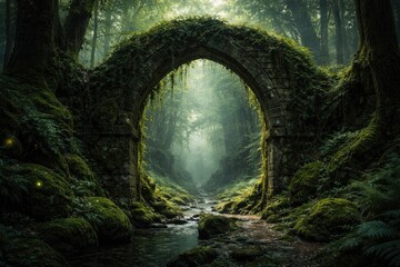 Mystical stone arch wrapped in moss within an enchanting emerald forest passage