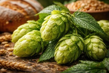 Fototapeta premium Close-up view of fresh green hop cones essential for brewing beer and baking bread