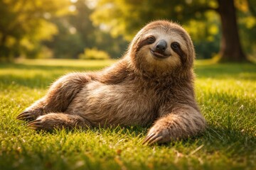 Fototapeta premium Cheerful pet sloth relaxing on fresh green lawn in warm summer full length outdoors