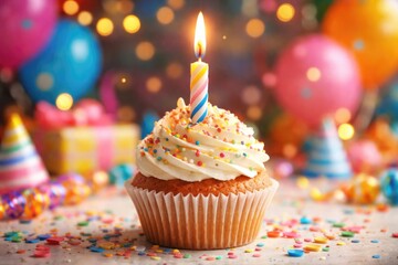Fototapeta premium Scrumptious birthday cupcake featuring a flickering candle against a lively backdrop