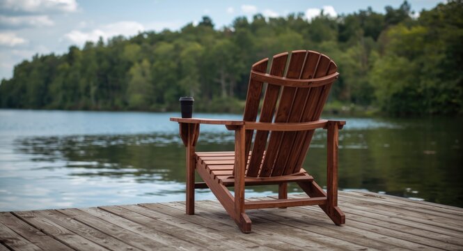 Solo Adirondack chair with coffee cup on aged dock overlooking quiet water and verdant trees