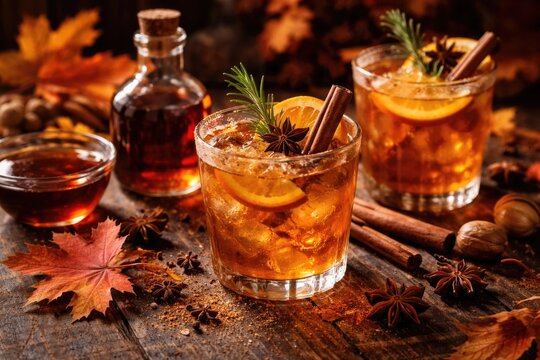 Seasonal Autumn Cocktails with Maple Syrup and Spices on Dark Wood
