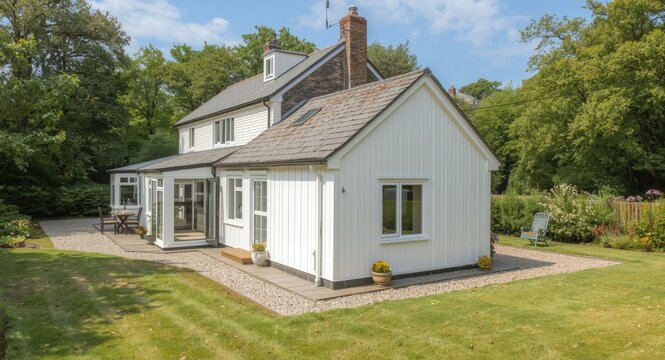 Welcoming rural cottage featuring a pristine white extension and garden views