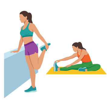 Two athletic women are performing stretching poses, demonstrating a focus on fitness and wellness while highlighting the importance of exercise and health in daily routines.