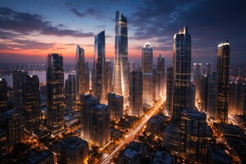 Obraz premium dynamic abstract view of bright city towers at dusk