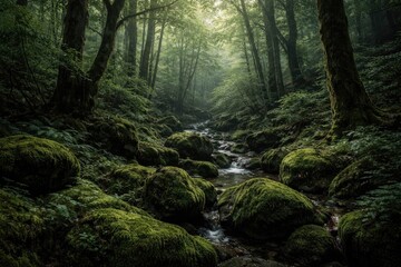 Fototapeta premium Dense forest scene with moss covered rocks and lush greenery