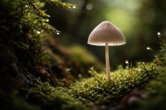 Enhanced zoom on fragile mushroom growing among scant moss in miniature woods