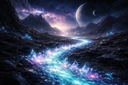 Artificial intelligence depiction of a luminous mineral trail across a distant alien landscape