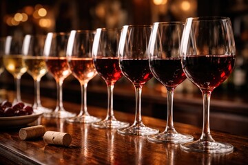 Fototapeta premium A lineup of assorted wine glasses filled with different vintages