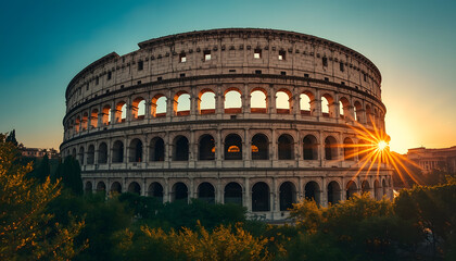 Fototapeta premium The majestic Colosseum in Rome, Italy, bathed in the warm glow of the setting sun, stands as a timeless symbol of ancient Roman engineering and history, created with generative ai