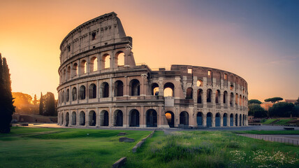 Naklejka premium The majestic Colosseum in Rome, Italy, bathed in the warm glow of the setting sun, stands as a timeless symbol of ancient Roman engineering and history, created with generative ai
