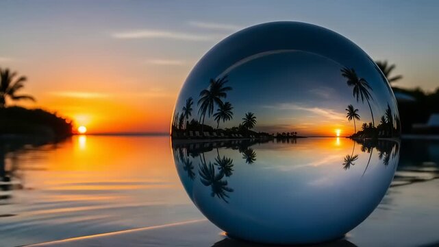 Sunset reflected in a crystal ball over a pool