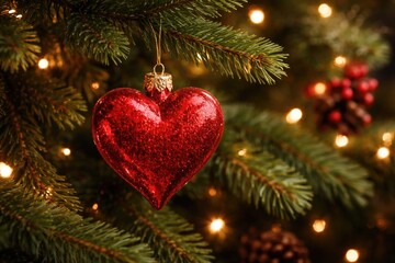 Fototapeta premium Festive red heart ornament hanging on a lush green Christmas tree branch