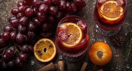 Fototapeta premium Winter holiday drink inspiration showcasing red sangria with clusters of grapes and orange slices