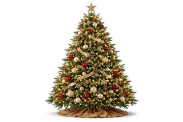 Fototapeta premium Festive Christmas tree adorned with lights and baubles isolated on white