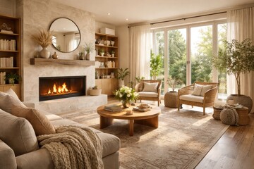 Obraz premium warm inviting living room with a modern fireplace and abundant daylight