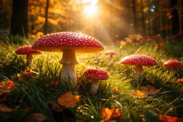 Fototapeta premium Bright fall sunlight illuminating red amanita mushrooms in lush green grass
