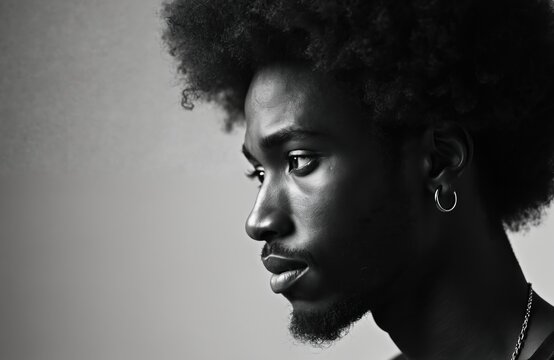 Black and white studio portrait of a man with a large afro hairstyle. He has a goatee and wears a hoop earring, looking intently to the side.