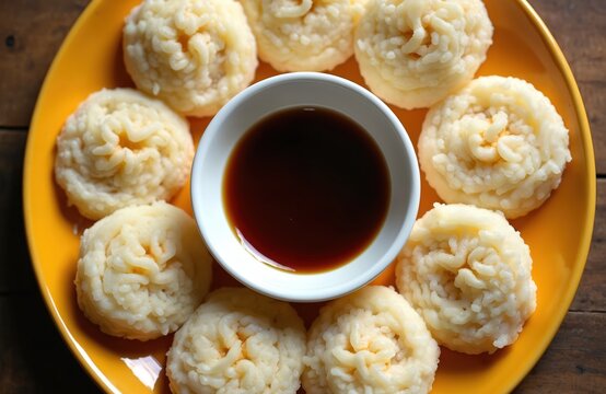Bengali chitoi pitha made from rice powder. Round fluffy cakes sit on yellow plate with molasses dip. Traditional Asian food presented on rustic wood table.