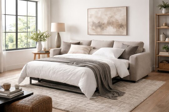 Contemporary living space featuring a sleeper sofa near a bright white wall for extra guest comfort