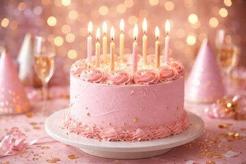 Fototapeta premium Birthday celebration with pastel pink cake topped with candles and shimmering light bokeh backdrop