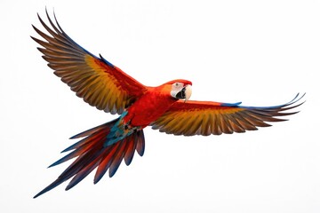 Obraz premium Brightly colored parrot gliding high with open wings on plain white backdrop